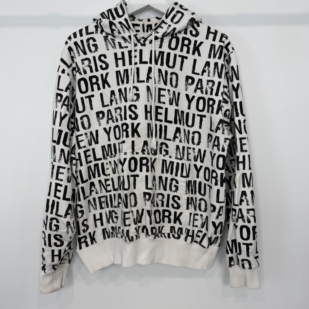 Helmut Lang Designer Signature Logo Drawstring Hoodie Men's L Black & White READ